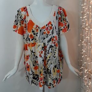 3/$18 Plus 3X Basic Editions Top Orange Creme Floral Short Sleeve Curvy V-Neck